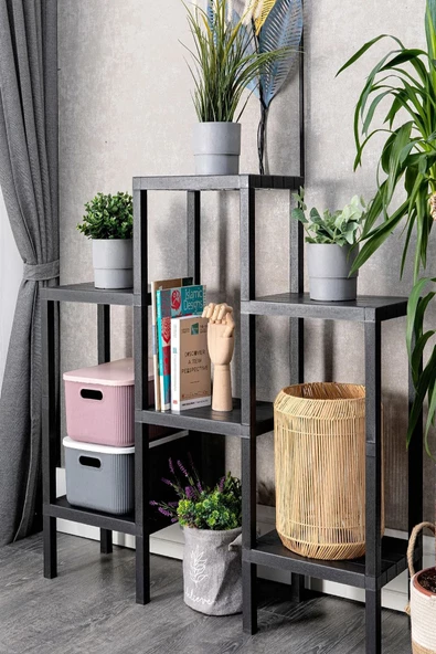 Shelf Piramit 6 Lı Raf Ünitesi Siyah Çiçeklik Banyo Mutfak Rafı Ayakkabılık Kitaplık Organizer