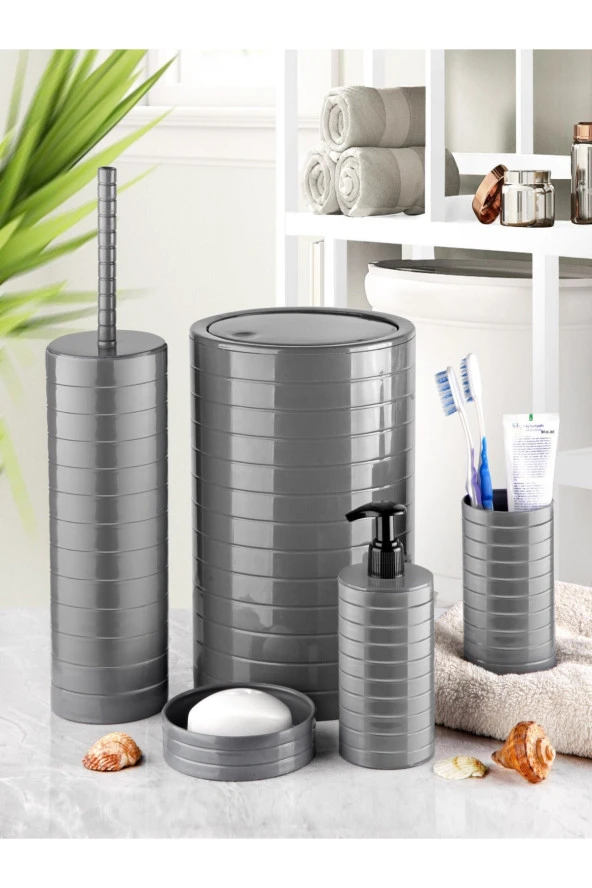 Moblen Gri Yuvarlak Banyo Seti 5li Set Çöp Kovası Diş Fırçalık Sıvı Sabunluk