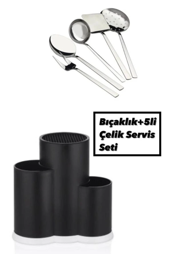 Siyah Tezgah Üstü Bölmeli Kaşık Bıçak Standı + 5 Li Çelik Düz Servis Seti Kepçe Kevgir Takımı