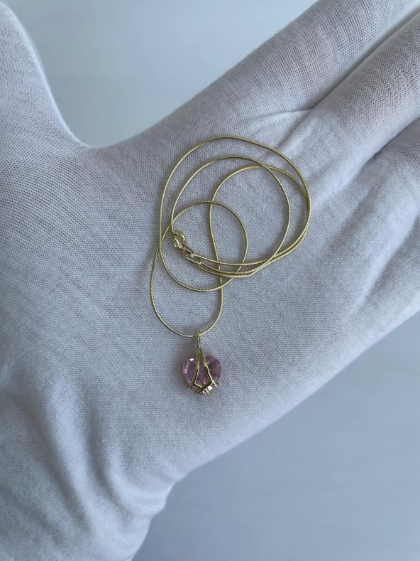 Pembe Kuvars Taşlı Sarı Gümüş Kolye - 2