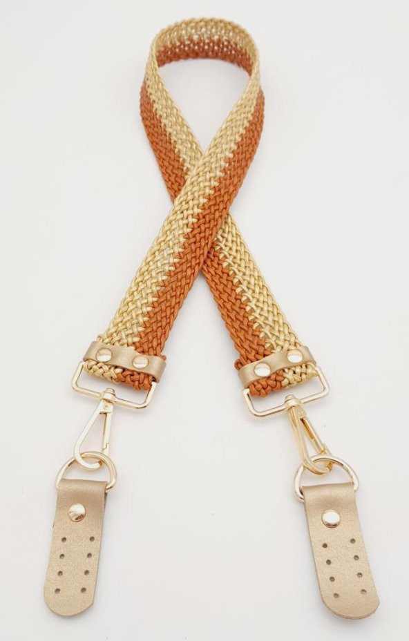 Angel Çanta Aksesuar Gold Taba Renk Böceli Deri Hasır Örgü Çanta Sapı Light Gold Metalli - Resim 2