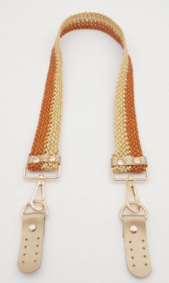 Angel Çanta Aksesuar Gold Taba Renk Böceli Deri Hasır Örgü Çanta Sapı Light Gold Metalli - Resim 5