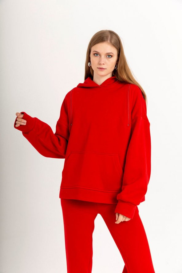 Omuz Detaylı Kadın Sweatshirt Kırmızı