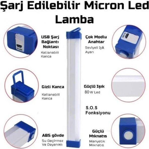 Usb Şarzlı Acil Durum ve Aydınlatma Led Florasan Ev,Kamp,Maden,İşyeri,Balıkcı Lambası 52cm 80W - 6