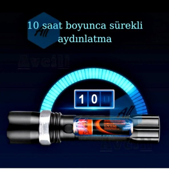 Profesyonel Şarjlı El Feneri Uzun Menzilli Zomlu Acil Durum Feneri Polis Feneri 1800 Lümen-110 - 3