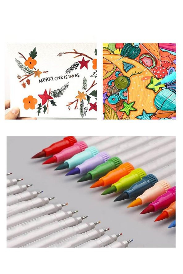 Fineliner Kalem Çift Yönlü 24 Renk 1 Paket Fırça Uç ve Fineliner Brushpen 24lü Keçe Uçlu Kalem Kalın İnce Keçeli Kalem - 3