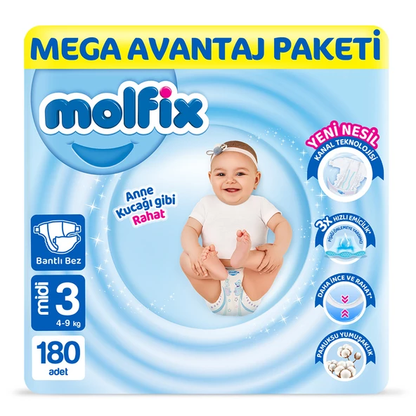 Molfix Bebek Bezi 3 Beden Midi Mega Avn. Paket 180 Adet