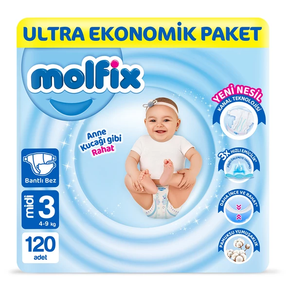 Molfix Bebek Bezi 3 Beden Midi Ultra Ekonomik Paket 120 Adet