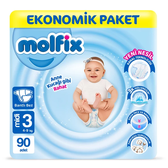 Molfix Bebek Bezi 3 Beden Midi Ekonomik Paket 90 Adet