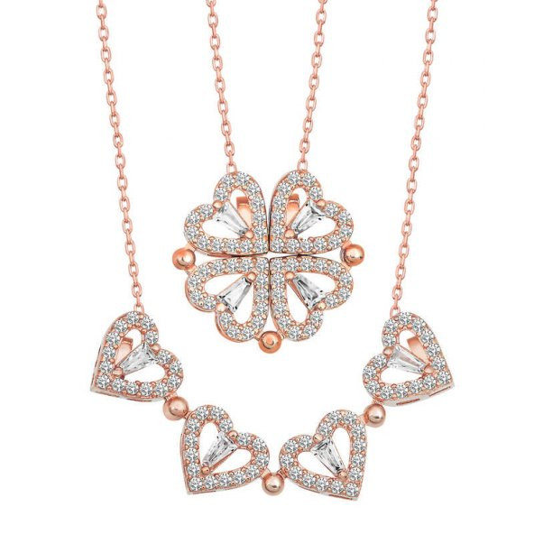 925 Ayar Gümüş Rose Kalpli Açılabilen Yonca Kadın Gümüş Kolye - Resim 3