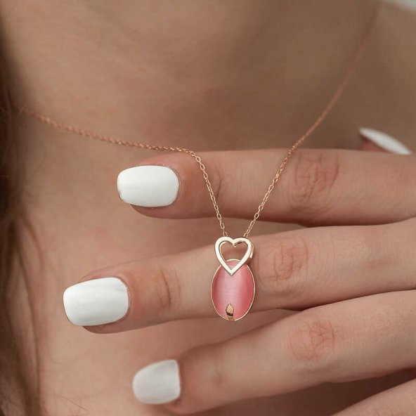 925 Ayar Gümüş Pembe Kedi Gözü Taşlı Kalp Kolye - Resim 3