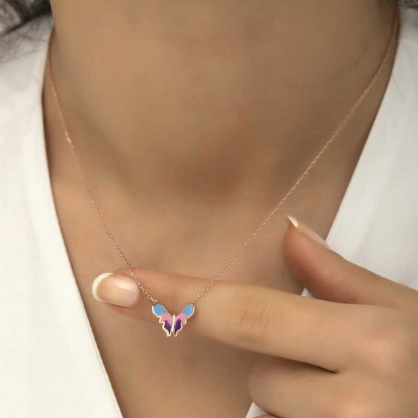 925 Ayar Gümüş Rose Minimal Kelebek Kadın Gümüş Kolye - Resim 5