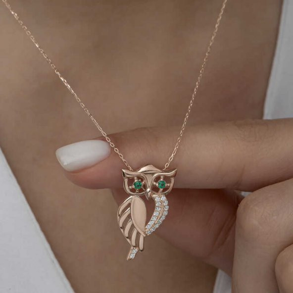 ​925 Ayar Gümüş Rose Yeşil Gözlü Baykuş Kadın Gümüş Kolye - Resim 2