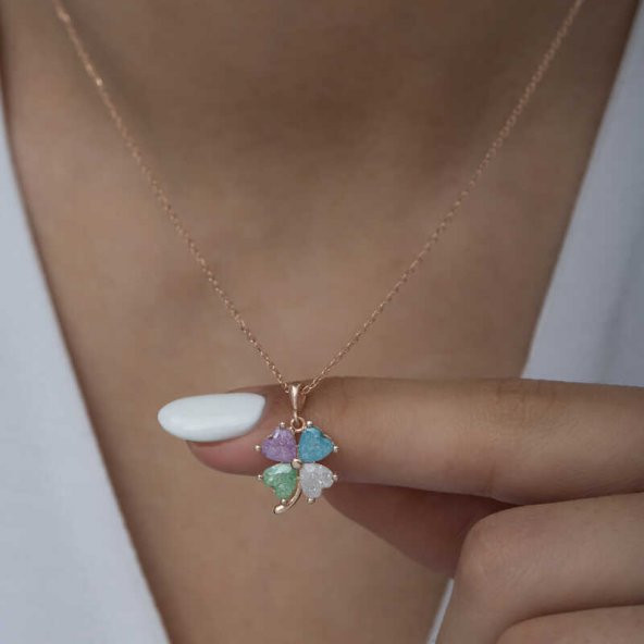 925 Ayar Gümüş Rose Renkli Taşlı Yonca Kadın Gümüş Kolye - Resim 3