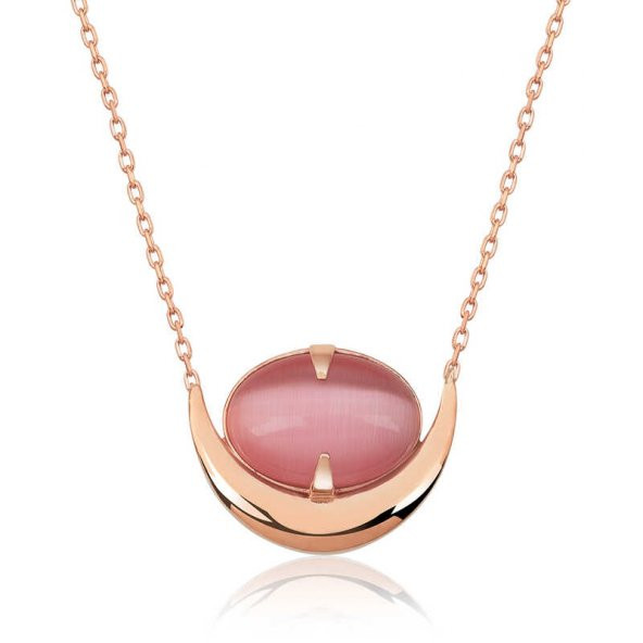 925 Ayar Gümüş Pembe Kedi Gözü Taşlı Hilal Kolye ürün görseli