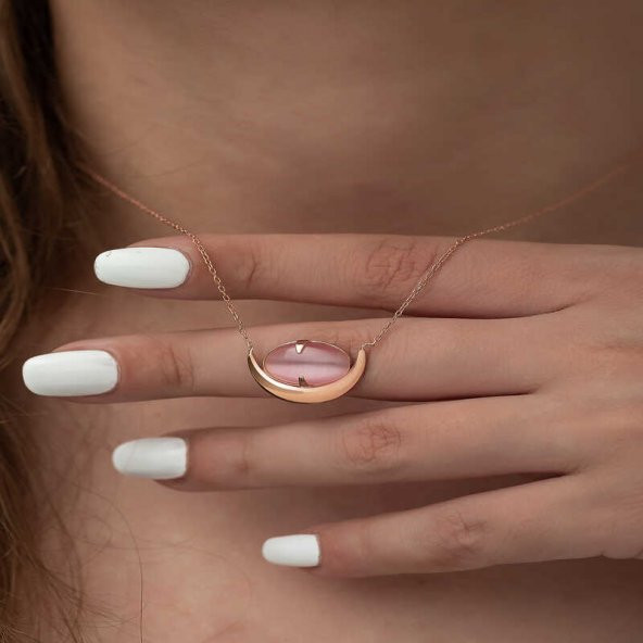 925 Ayar Gümüş Pembe Kedi Gözü Taşlı Hilal Kolye - Resim 2