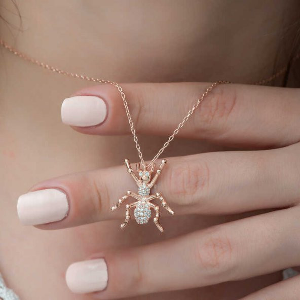 925 Ayar Gümüş Rose Örümcek Kadın Gümüş Kolye - 3
