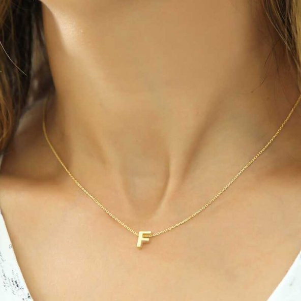 925 Ayar Gümüş Gold 3 Boyutlu F Harf Kadın Gümüş Kolye - 2