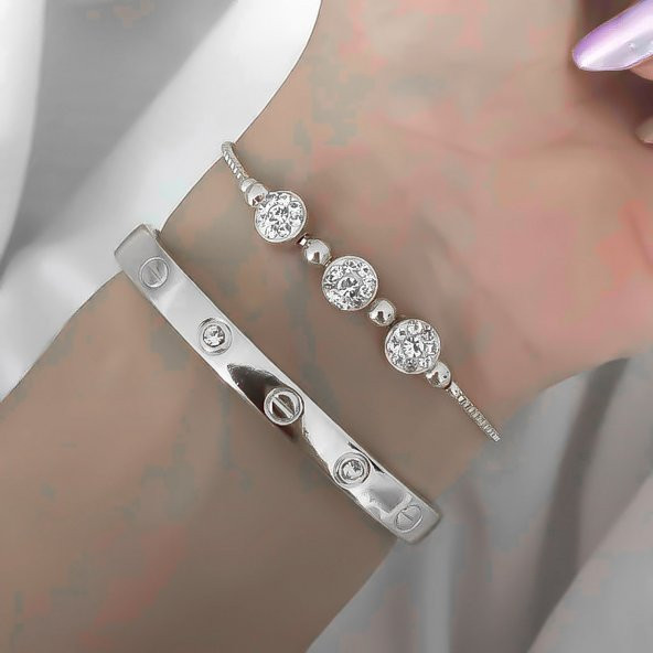 Gümüş Renk Kombin Bileklik Seti - Cartier Taşlı Bileklik Ve Zirkon Macun Bileklik - 1036