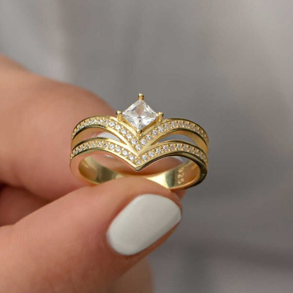 Gümüş Gold Tek Taş Kadın Yüzük  SL5202 - 3