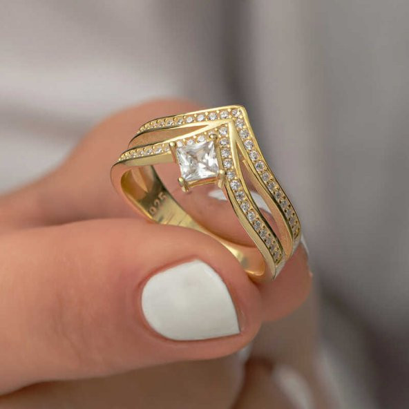 Gümüş Gold Tek Taş Kadın Yüzük  SL5202 - 4