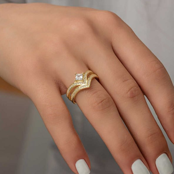 Gümüş Gold Tek Taş Kadın Yüzük  SL5202 - 7