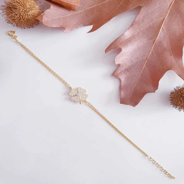 Gümüş Gold Kalpli Yonca Kadın Bileklik SL5758 ürün görseli