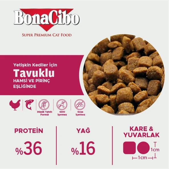 BonaCibo Adult Cat Tavuklu (Hamsi ve Pirinç eşliğinde) Yetişkin Kedi Maması 2 Kg - 5