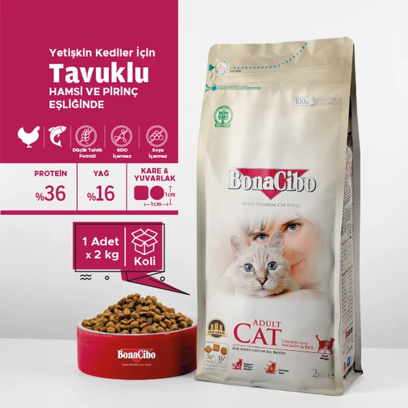 BonaCibo Adult Cat Tavuklu (Hamsi ve Pirinç eşliğinde) Yetişkin Kedi Maması 2 Kg - 3