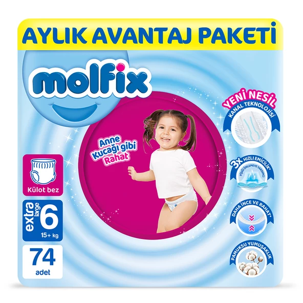 Molfix Pants Bebek Bezi 6 Beden E.Large Aylık AvantajPaketi 74 Adet