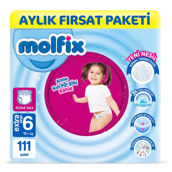 Molfix Pants Bebek Bezi 6 Beden E.Large Aylık Fırsat Paketi 111 Adet