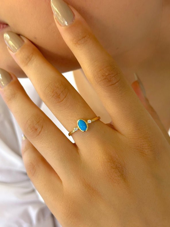 Minimal Tasarım Doğal Turkuaz Taş 14 Ayar Altın Yüzük - 2