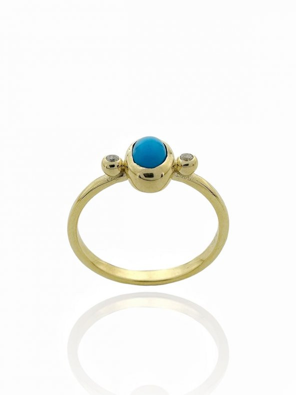 Minimal Tasarım Doğal Turkuaz Taş 14 Ayar Altın Yüzük - 3