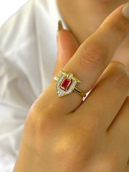Minik Baget Yakut Taşlı Özel Tasarım Trend Tarz 14 Ayar Altın Yüzük - 2