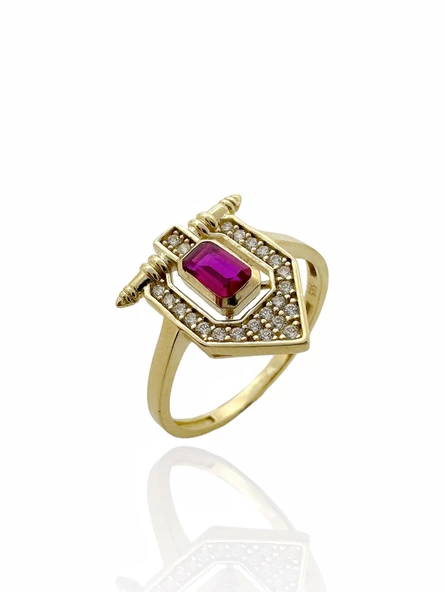 Minik Baget Yakut Taşlı Özel Tasarım Trend Tarz 14 Ayar Altın Yüzük - 3