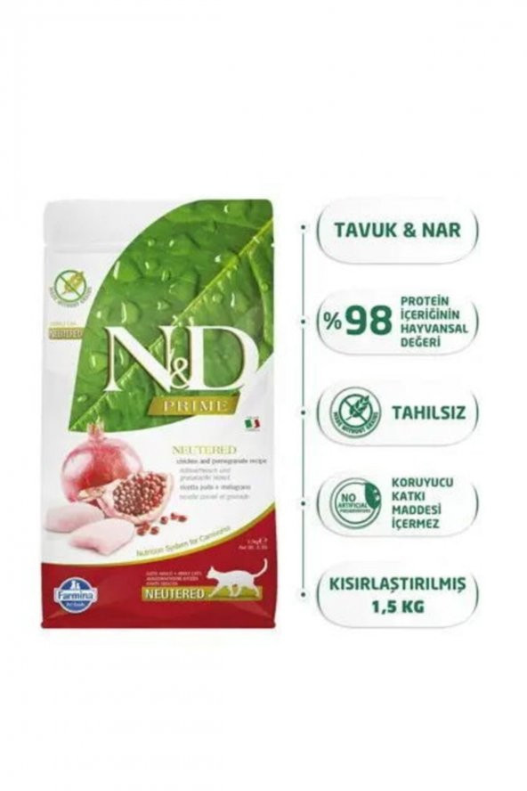 N&DTahılsız Tavuklu Ve Narlı Kısırlaştırılmış Kedi Maması 1,5 Kg