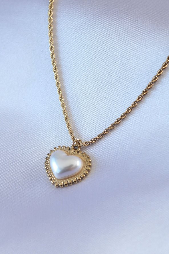 316L Çelik Gold Renk İncili Kalp Figür Burgu Model Zincir Kadın Kolye ürün görseli