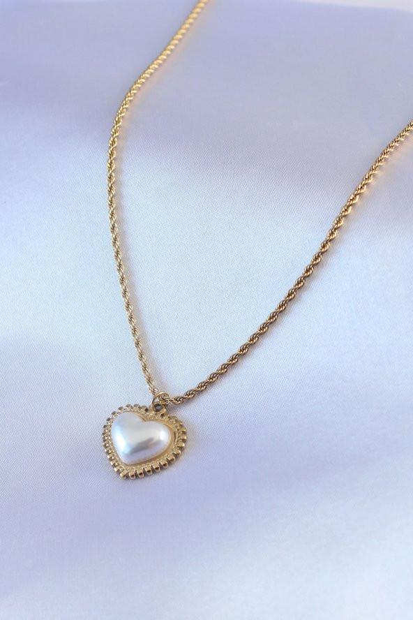 316L Çelik Gold Renk İncili Kalp Figür Burgu Model Zincir Kadın Kolye - Resim 2