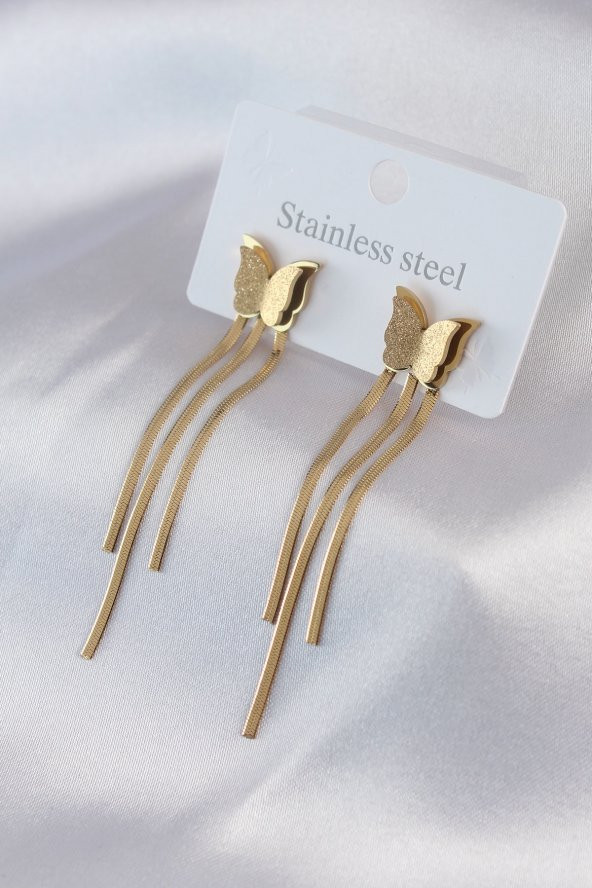 316L Çelik Gold Renk Simli Kelebek Figür İtalyan Zincir Sallantı Detay Kadın Küpe ürün görseli