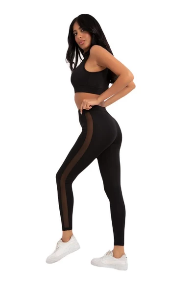 Yanı Tüllü Mesh Panel Spor Kadın Tayt 5034 - 3