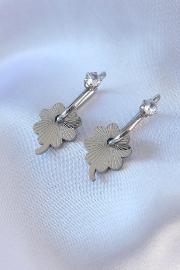 316L Çelik Gümüş Renk Zirkon Taşlı Kadın Göçmen Küpesi ürün görseli