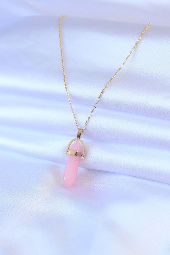 316L Çelik Gold Renk Kristal Pembe Taş Model Kadın kolye - Resim 2