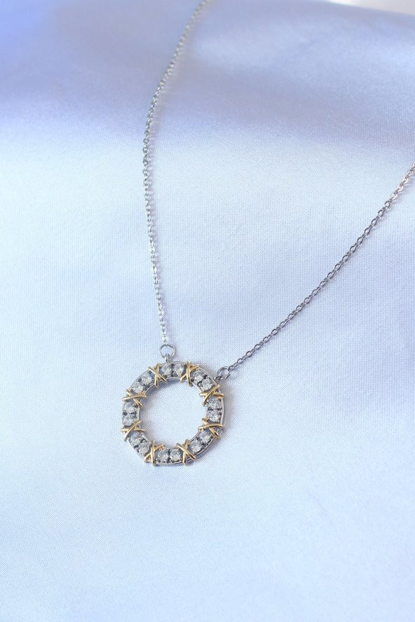 316L Çelik Gümüş Renk Zirkon Taşlı Gold Detay Xoxo Kadın Kolye - Resim 2