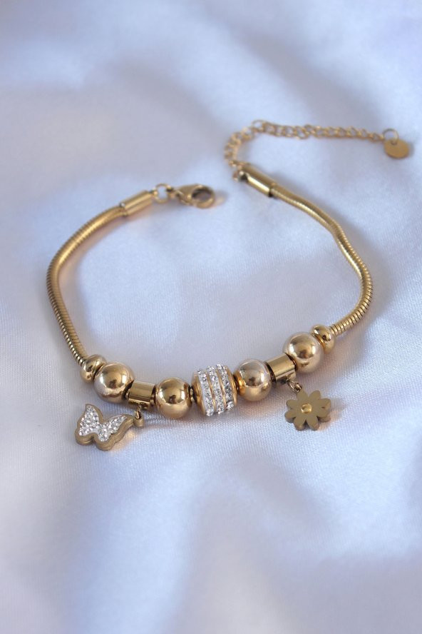 316L Çelik Gold Renk Kelebek Figür Zirkon Taş Detay Charm Kadın Bileklik ürün görseli