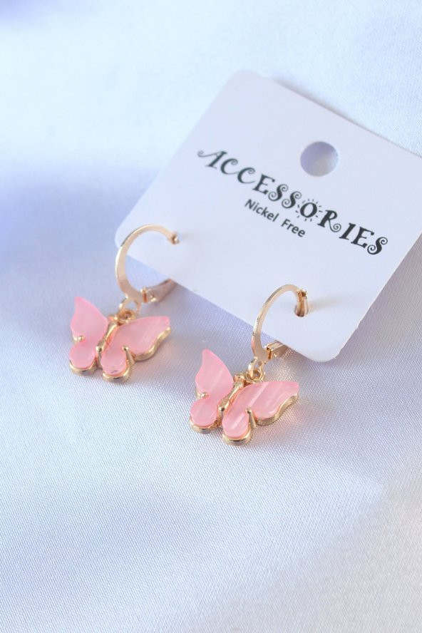 Gold Renk Pembe Kelebek Figür Kadın Küpe ürün görseli