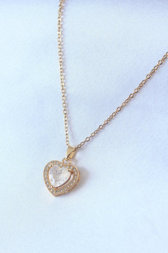 316L Çelik Gold Renk Kalp Model Zirkon Taşlı Kadın Kolye ürün görseli