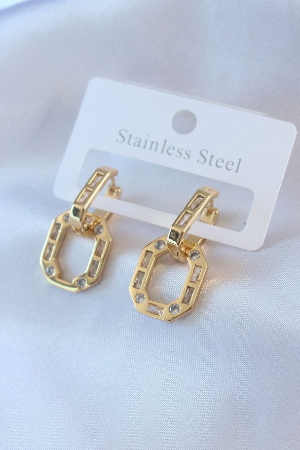 316L Çelik Gold Renk Zirkon Taşlı Kadın Küpe ürün görseli