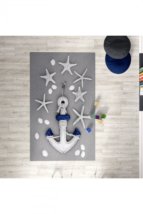 CERİTTİ Bebek ve Çocuk Odası Deniz Yıldızı ve Çapa Desen Dekoratif Antialerjik Halı CRTT-091  Renkli 100 x 150