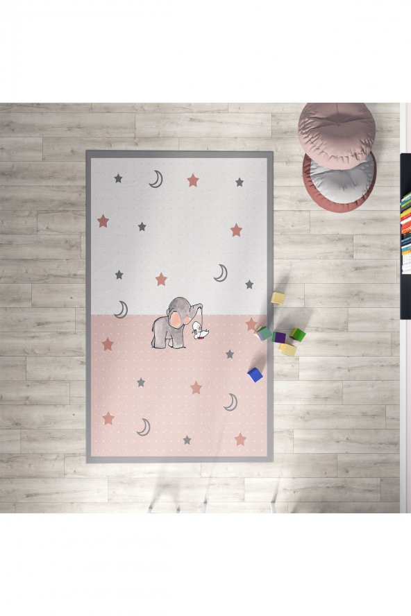 CERİTTİ Bebek Ve Çocuk Odası Sevimli Yavru Fil Desenli Halı CRTT-020  Renkli 80 x 150
