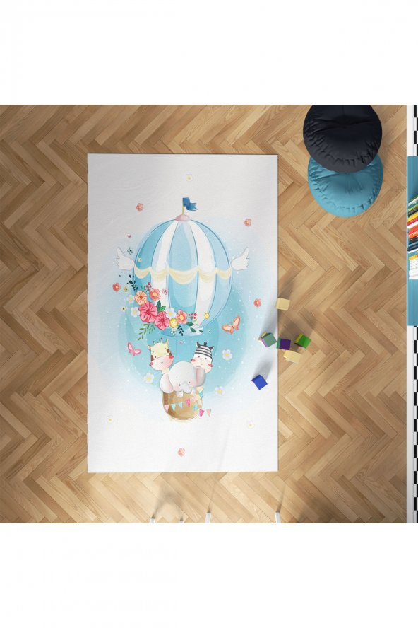 CERİTTİ Bebek ve Çocuk Odası Fil ve Çiçekli Uçan Balon Desenli Halı CRTT-003  Renkli 80 x 150